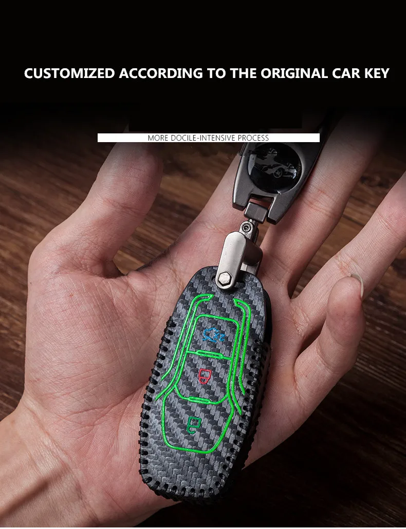 Светящиеся углеродного Фиери Кожаный Автомобильный Брелок с 3 чехол для ключей