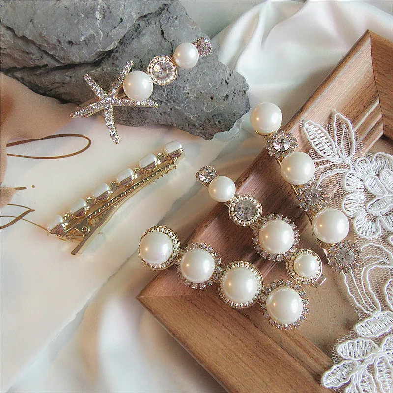 

Women Sweet Geometric Girl Starfish Duckbill Clip Rhinestone Pearl