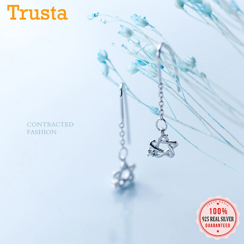 Trustdavis 100% 925 Твердые Настоящее серебро полые звезды CZ Висячие серьги для