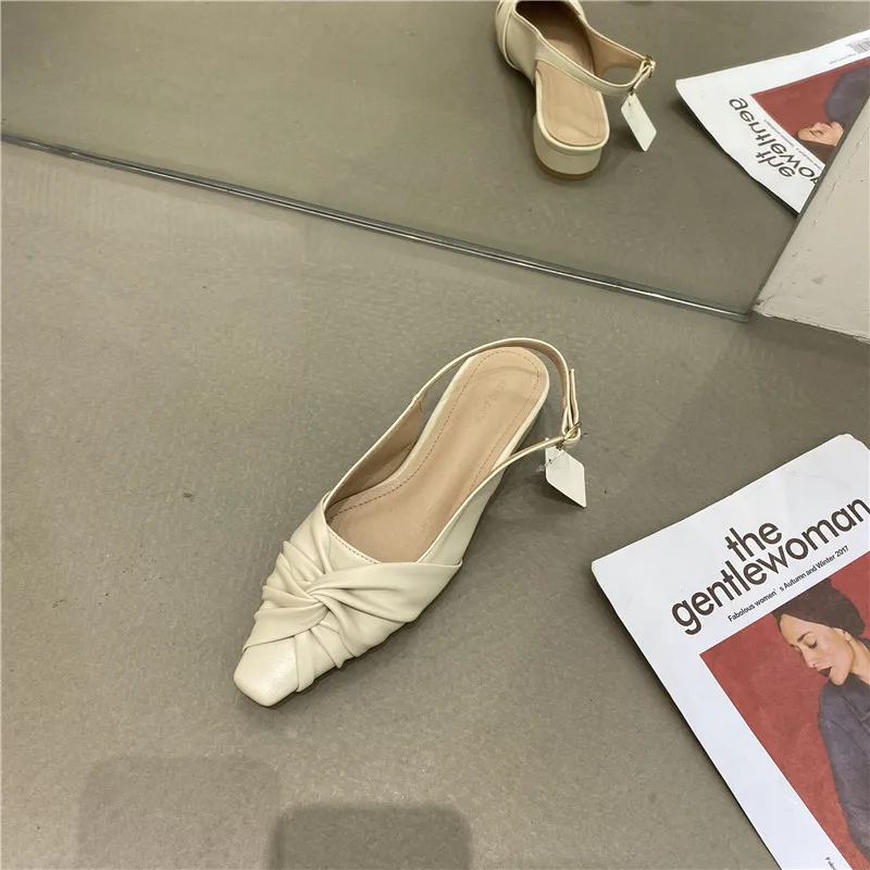 

Low Sandals Woman Leather Shoes Lady 2021 Square Toe High Heels Suit Female Beige Low-heeled New Closed Spring High-heeled Black