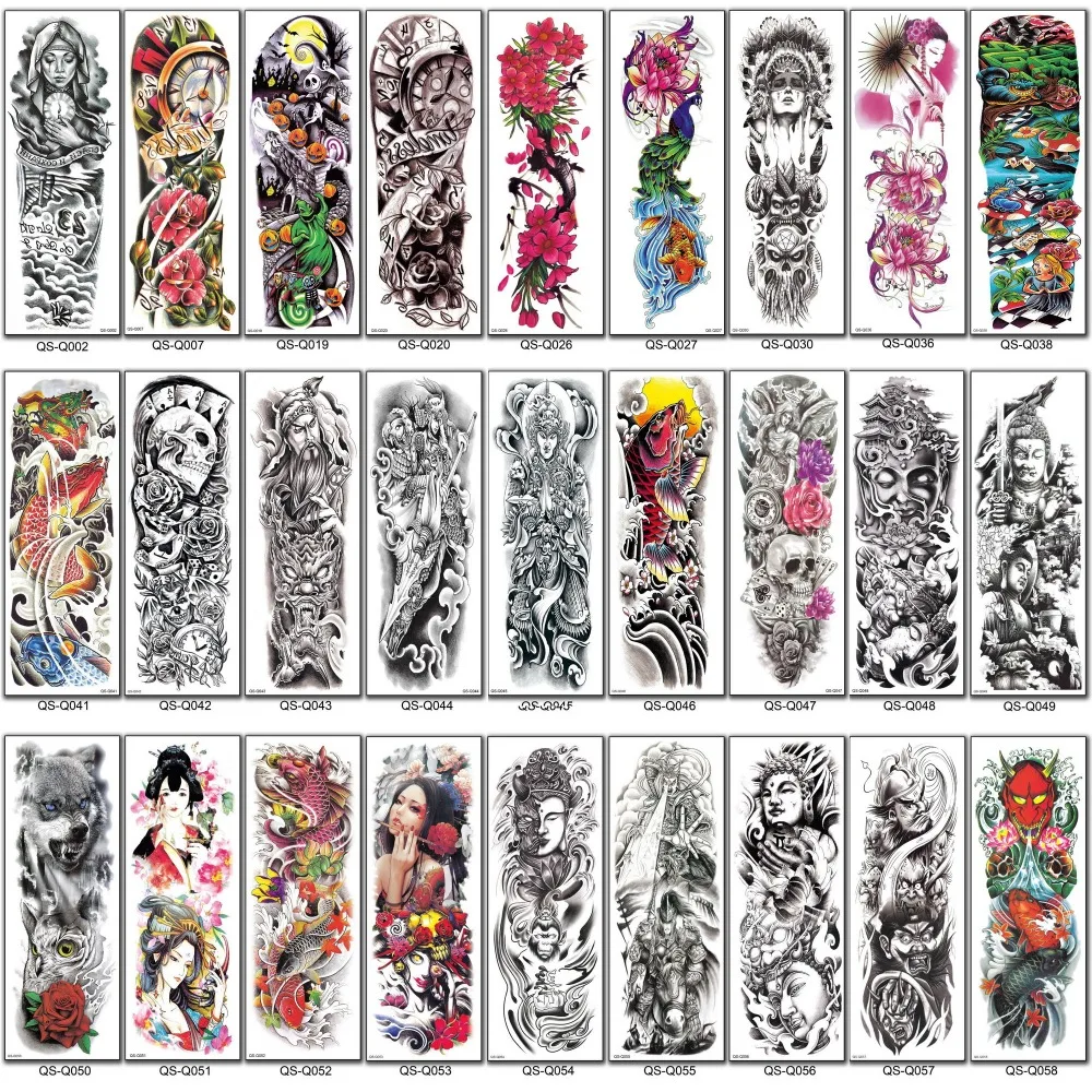 

New Full Arm Temporary Tattoo Sleeves Buddha geisha Peacock peony dragon skull Tattoos Stickers thigh waist tattoo for women men