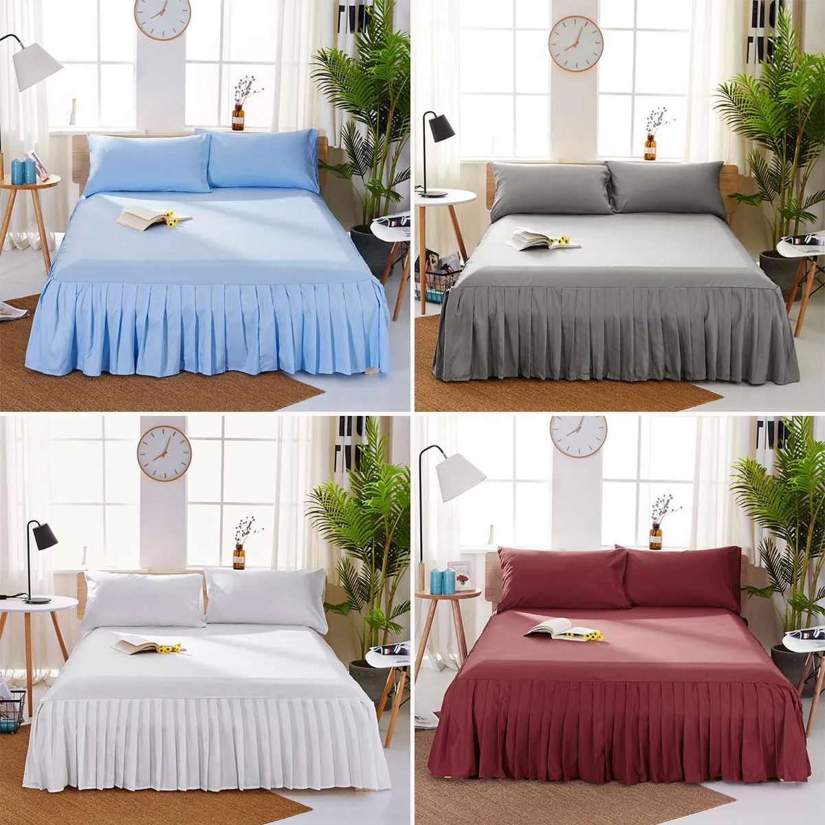 

4 Colors 4 Sizes Solid Color Bed Skirt Bed Home Hotel Fitted Sheet Cover Bedspread Pillowcase
