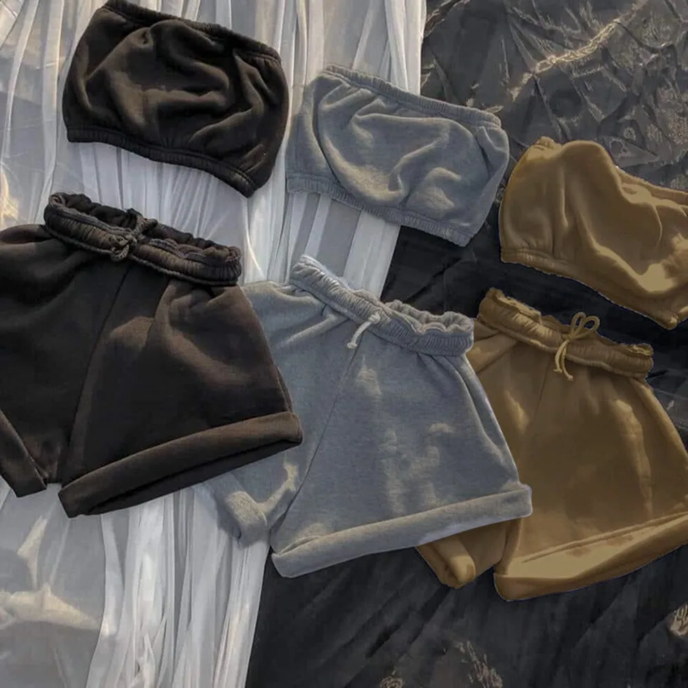 

Summer Solid Sportswear Two Piece Sets Women Sleeveless Top+Drawstring Elastic Shorts Matching Set Athleisure Outfits