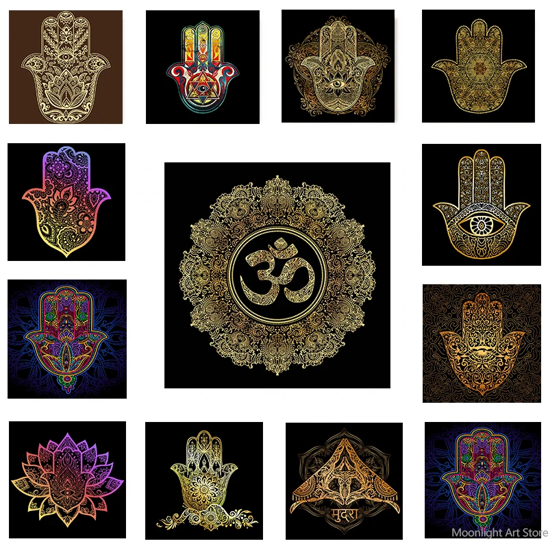 

Modern Hand of Fatima Golden Poster Morocco Mandala Lotus Canvas Painting and Prints Religion Cuadros Pictures Room Home Decor