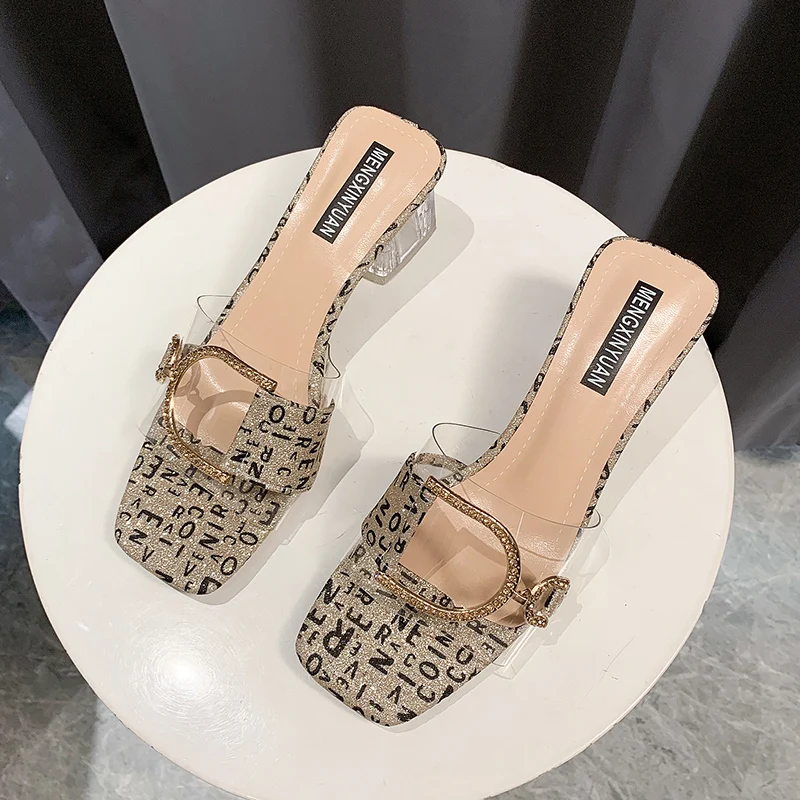 

Summer New Fashion 2021 Organza Net Letter Buckle Open-toed Sandals And Slippers Women Flat-bottomed Lazy Flip-flops