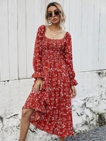 women vintage floral print sashes midi shirt dress long sleeve female chic butterfly sleeve casual loose vestidos