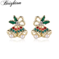 brighton 2021 christmas jingle bell simulated pearl stud earrings for women colorful crystal brincos trendy jewelry xmas gift