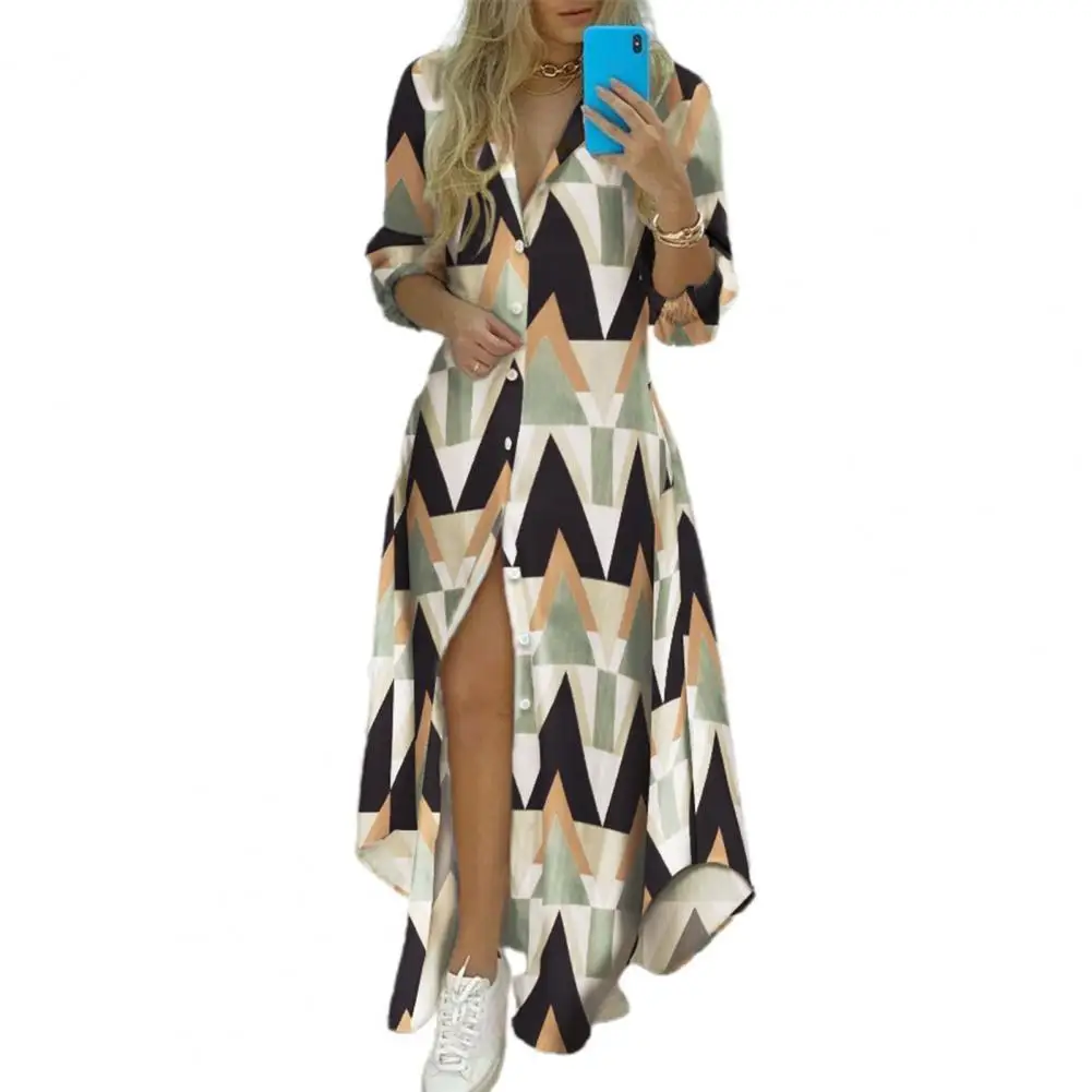 

Autumn Long Dress Half Sleeve Shirt Dress Colorful Stripe Print Single-breasted Spring Summer Irregular Hem Lapel Dress Vestidos