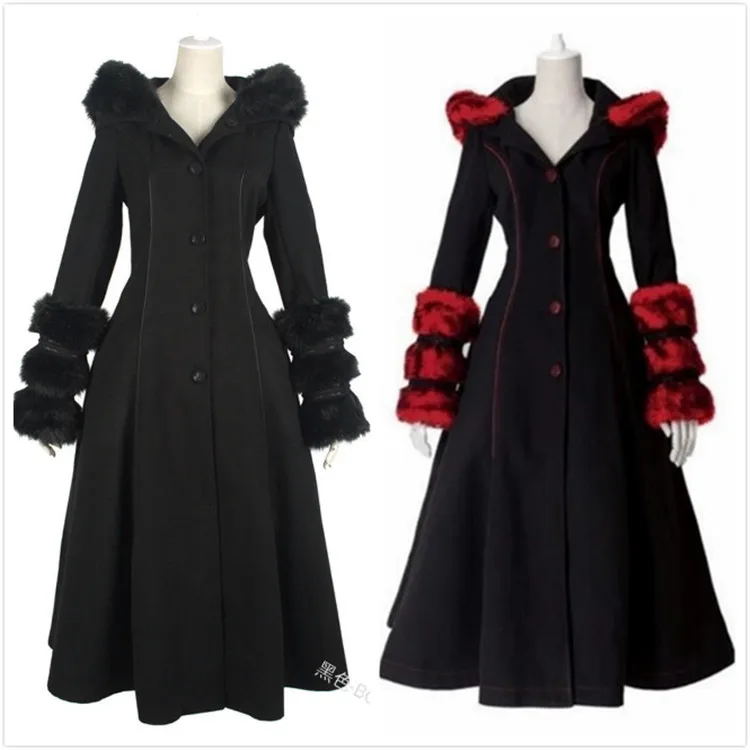 Женское пальто с капюшоном винтажное в готическом стиле меховым воротником