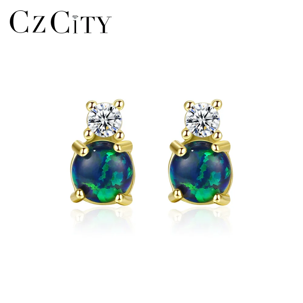 CZCITY Real Round Fire Opal Stud Earrings for Women 925 Sterling Silver Fine Jewelry Boucles D Oreille Bijoux Femme Gifts SE0415 | Украшения