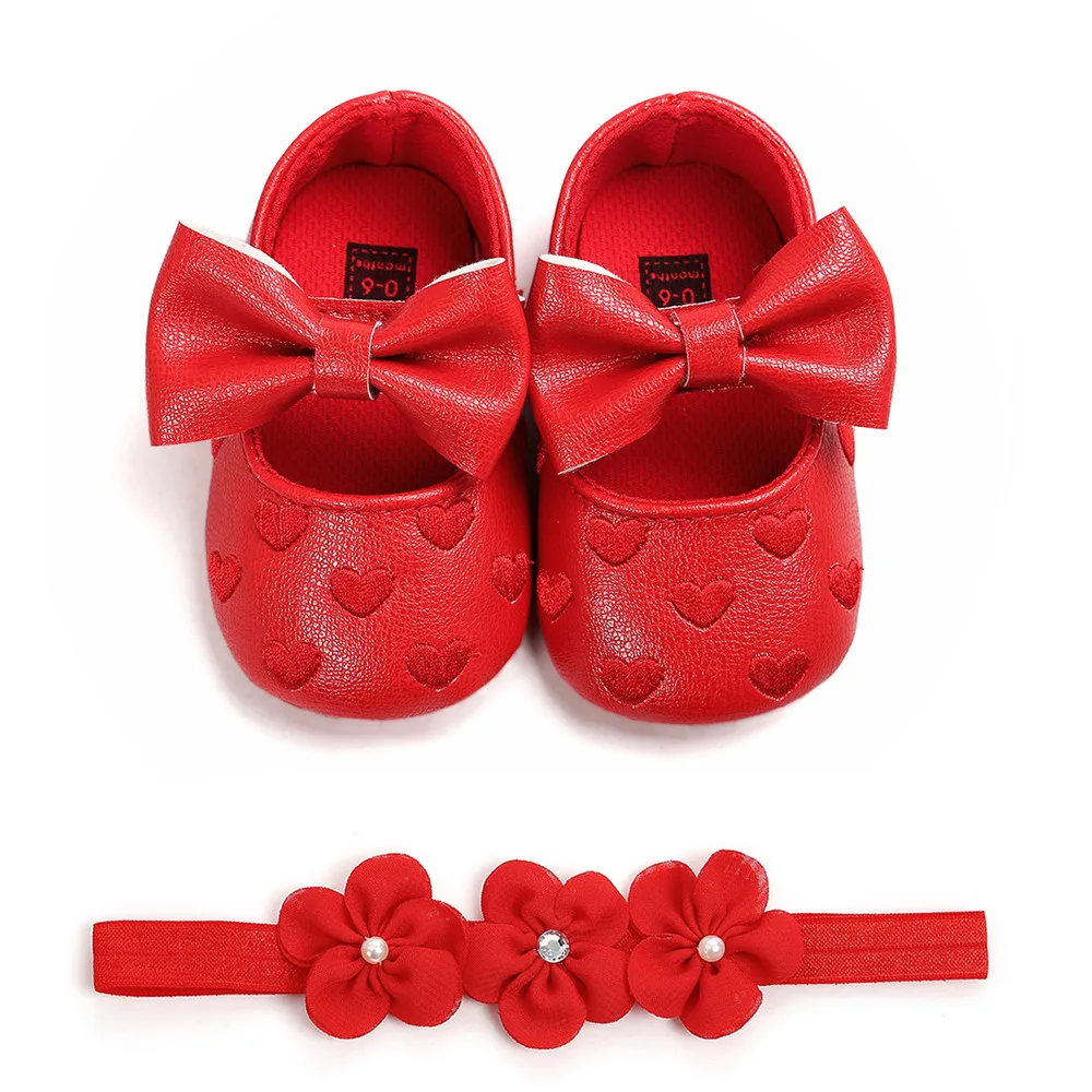 

2020 New Baby Love Embroidery Leather Fashion Toddler First Walkers Kid Shoes+1pc Hairban Fashion Bow Baby Shoes#P30