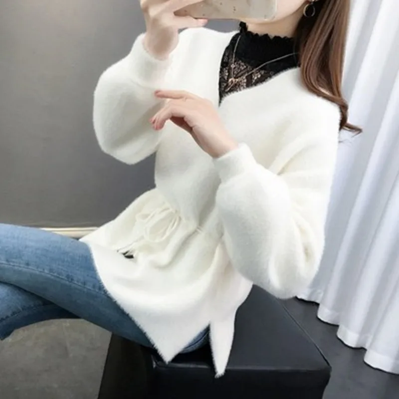 

Korean version Mink Velvet fake two-piece Sweater Women Loose Thick Autumn Winter New Half High Collar Lace Stitching Sweater Ms