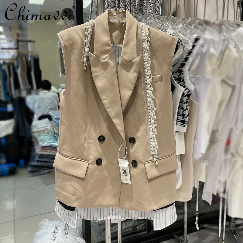 Корейская мода Женская одежда из двух частей жилет с имитацией жемчуга и