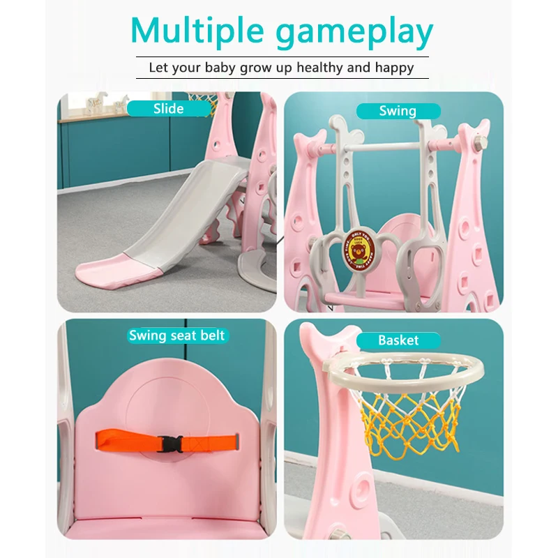 3-in-1 Baby Slides, Swing Chair, Basketball Story Home Kids Playground Plastic Slides Set Toy - Indoor Family Kindergarten M008 image 2