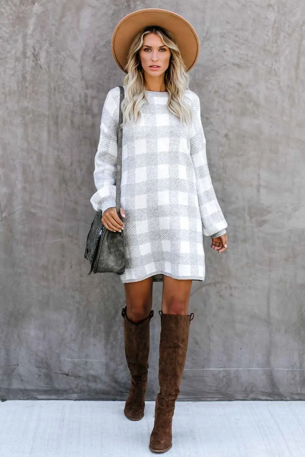 В клетку с рукавами фонариками платье свитер в повседневные акрил длинным