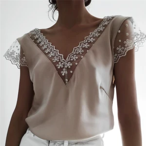 Женский кружевной топ без рукавов, Повседневная Свободная майка с V-образным вырезом, Элегантная классическая уличная одежда, лето 2019