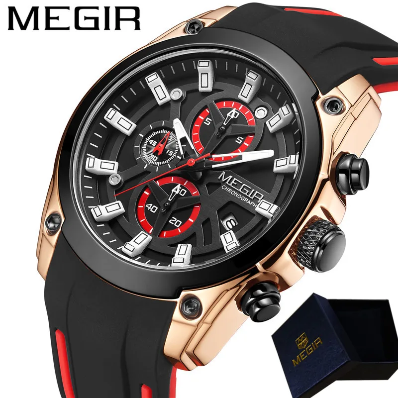 Часы MEGIR мужские в стиле милитари брендовые Роскошные спортивные с резиновым