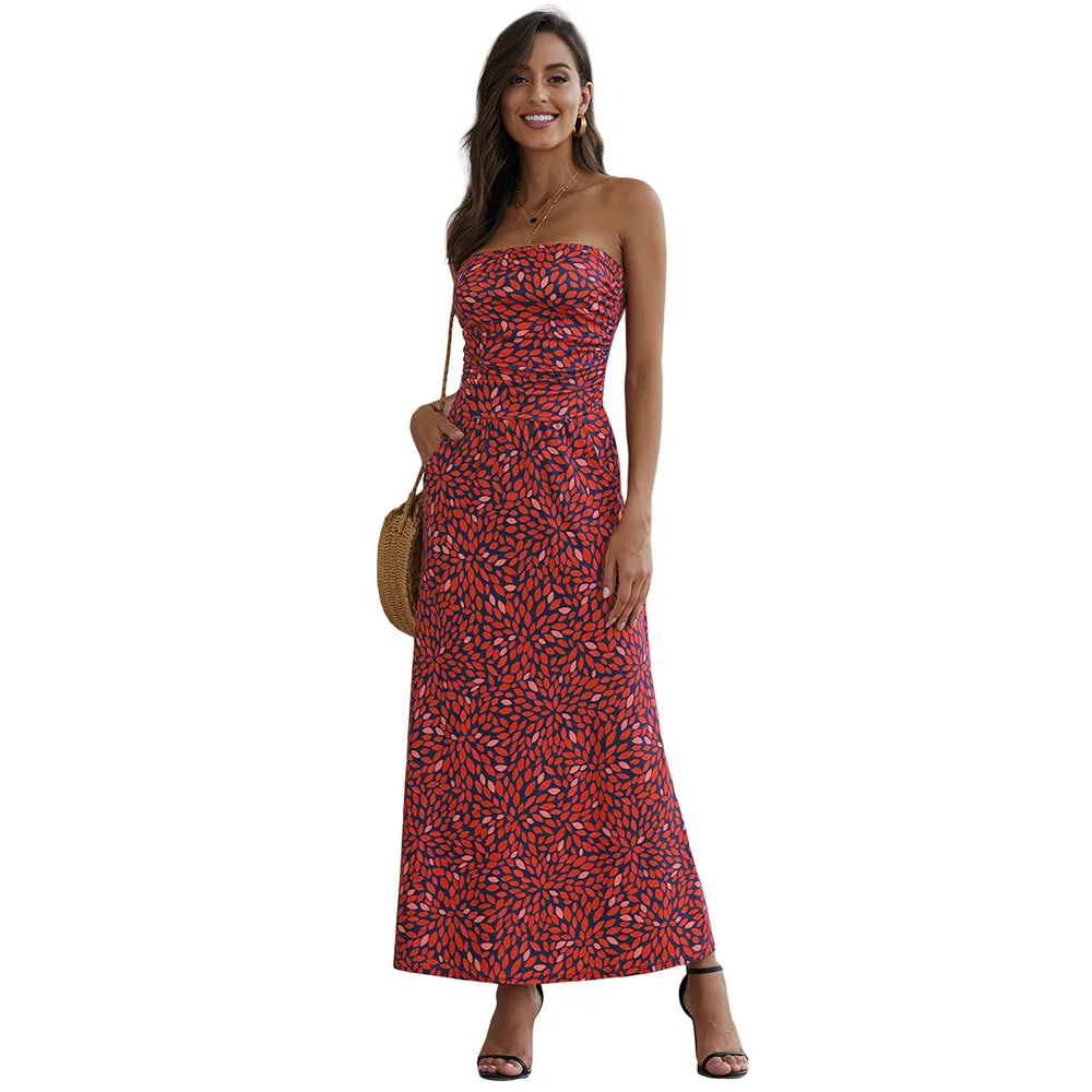 

Ms summer wear the new 2021 strapless one word with Europe and the United States long collar sleeveless printing strapless dress