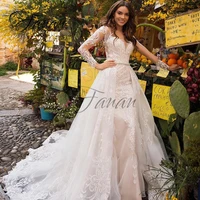 modern v neck a line wedding dresses lace appliques long sleeve detachable train bridal gown vestidos de novia robe de mari%c3%a9e