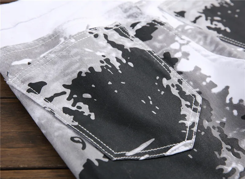 Джинсы мужские Стрейчевые с чернильным принтом модные брюки из денима белым