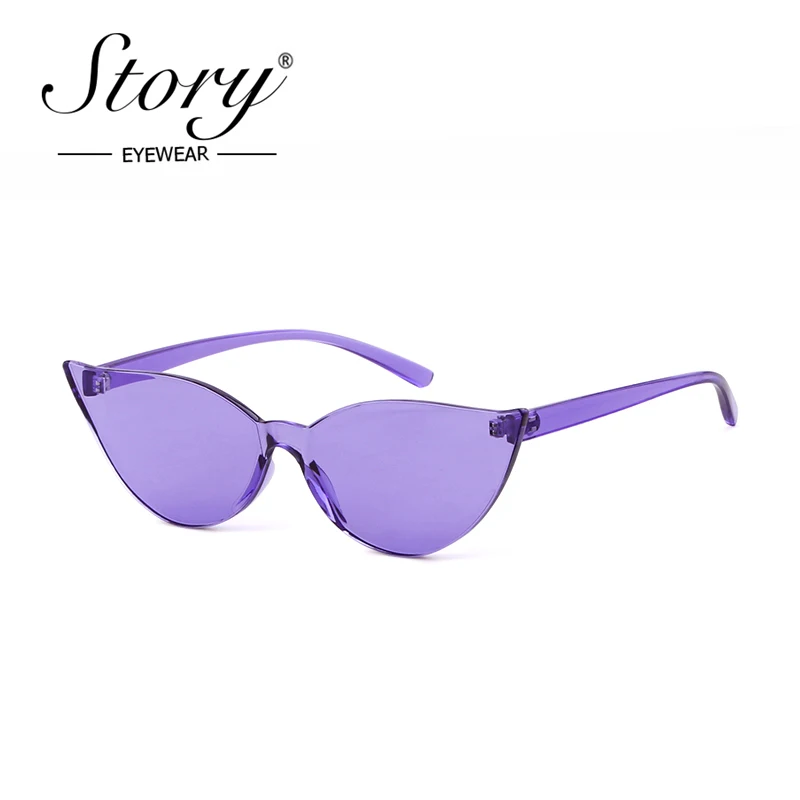 STORY 2019 Rimless Cat Eye Sunglasses Women Vintage Retro Cateye Frame Transparent Lens One Piece Sun Glasses Purple Shades