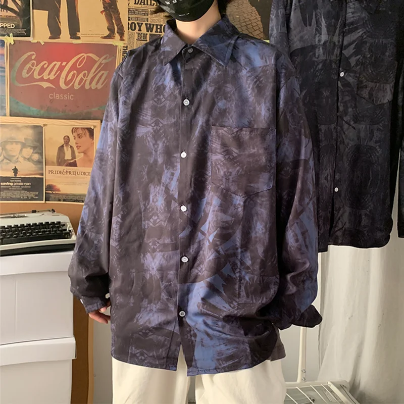 

Shirts Men Long Sleeve Tie Dye Fashion Spring Autumn Cotton Retro Chic Streetwear Casual Harajuku Loose Korean Turn-down Collar