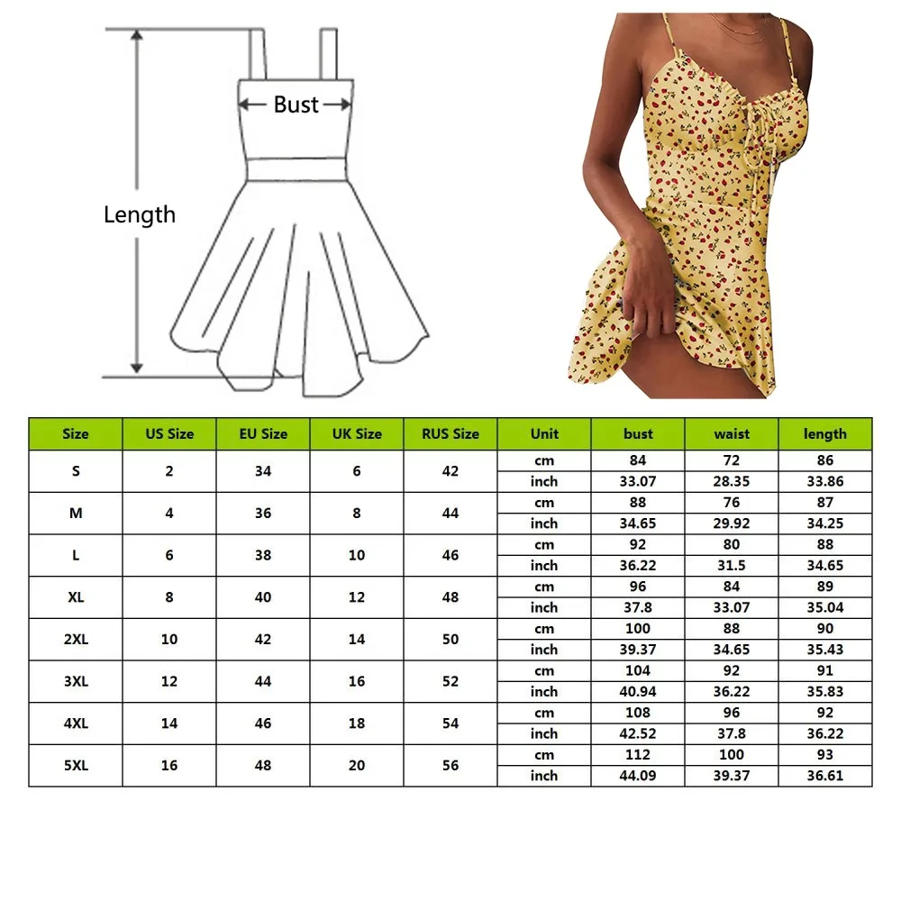 

2021 Women Fruit Printed Sweet Sling Dress Ladies Summer Fashion Sleeveless Sexy V-neck Lace-up Dress Party Shopping Daily Wear