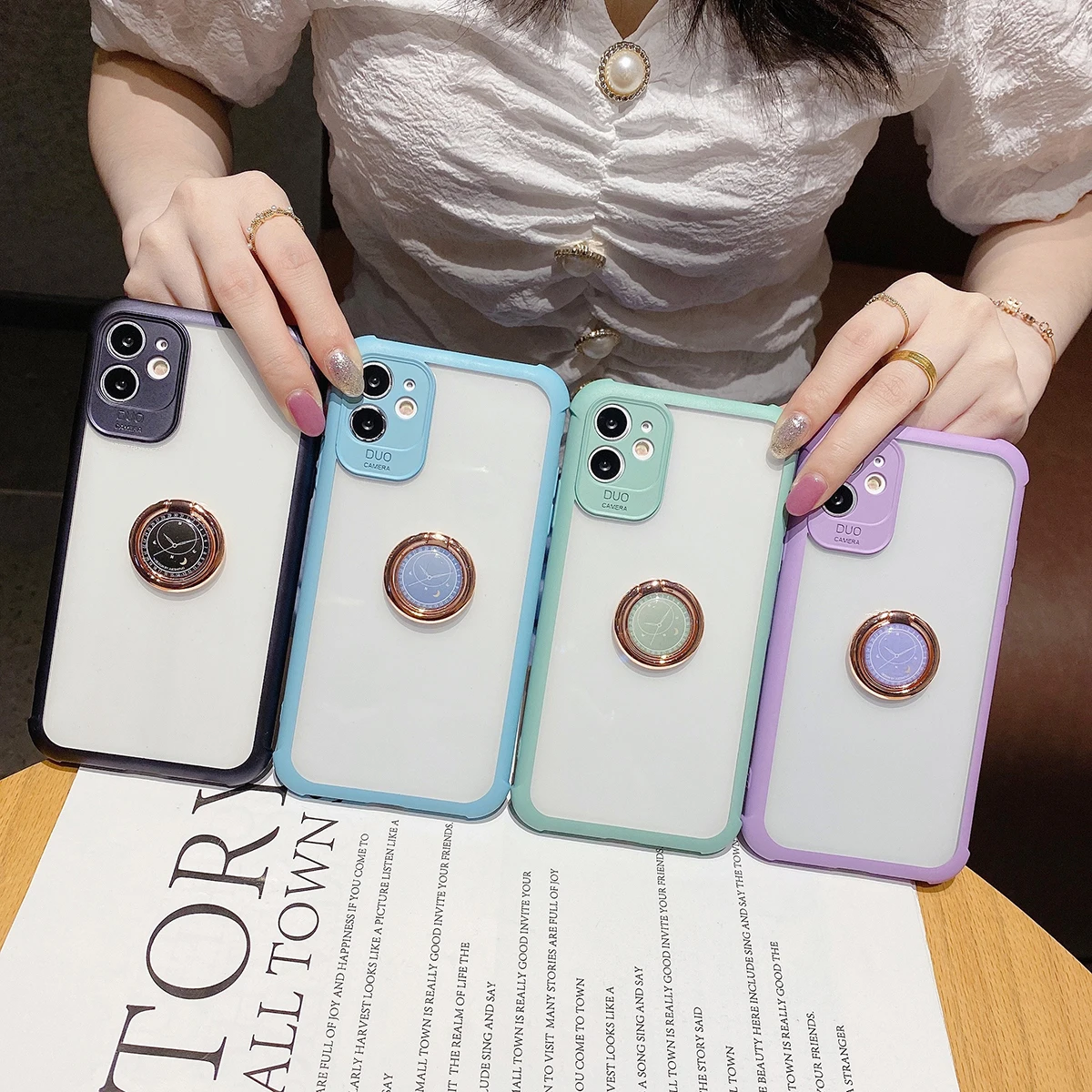 

Candy Color Transparent Anti-Drop Phone Case, Suitable For iPhone 12 11 Pro SE Xs Max 8 7 Plus With Clock Ring Holder Back Cover