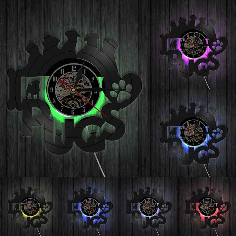 Pug Time Funny Puppy Cute Dog Vintage Vinyl Record Wall Clock Silent Movement Retro LP Arts &amp Crafts Decorative Watch | Дом и сад