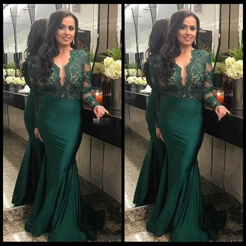 

2022 Dark Green Illusion Long Sleeves Evening Dresses With Deep V Neck Lace Mermaid Prom Dress Long Party Gowns