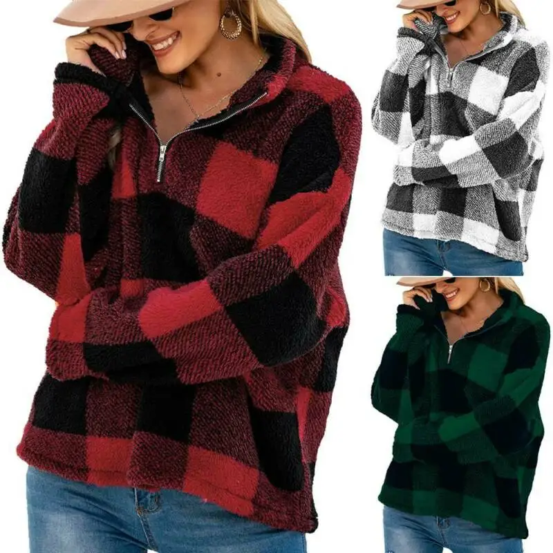 

Autumn Winter Women Sweatshirt Plaid Pattern Stand Collar Zip Pullovers Winter Top Warm Casual Jumper Women Clothing