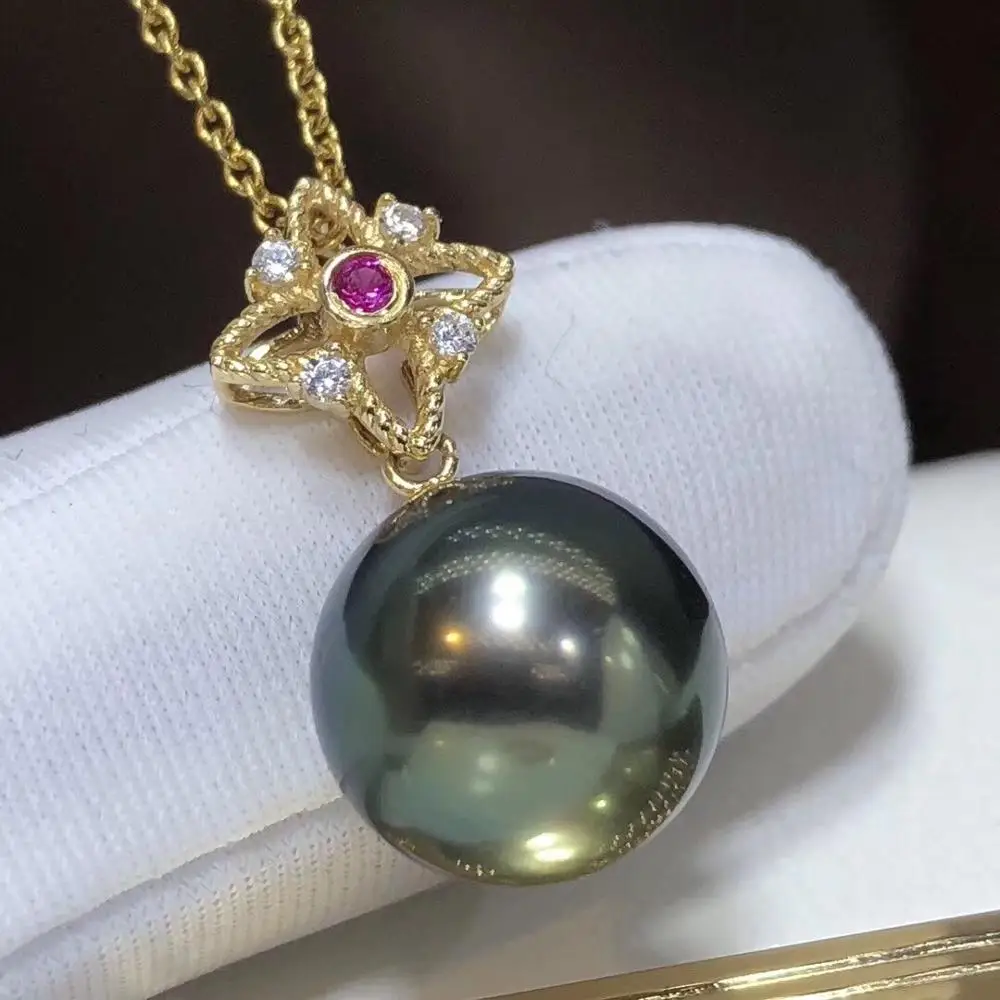 

D203 Fine Jewelry 18K Gold Natural Ocean Tahiti Black Pearl 12-11mm Pendants Necklaces for Women FIne Pearls Pendants