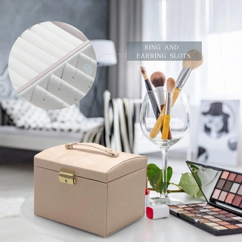 

Jewelry Box Large Capacity Earrings Necklace with Mirror Watch Jewelry Inlaid Storage Box Pink