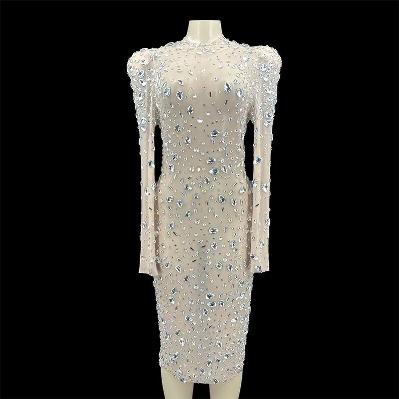 

Блестящее вечернее платье с серебряными камнями для празднования дня рождения, сетчатый костюм, женское Прозрачное платье для шоу и вечеве...
