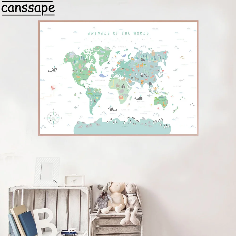 Животные иллюстрация Карта мира Настенная картина искусство мультяшное