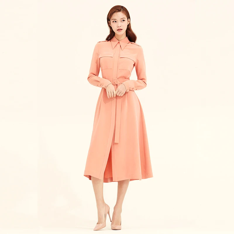 

High Quality Fashion Spring Autumn New Elegant Lapel Long Sleeve Belt Slim Party Workplace Gentlewoman Midi Dress