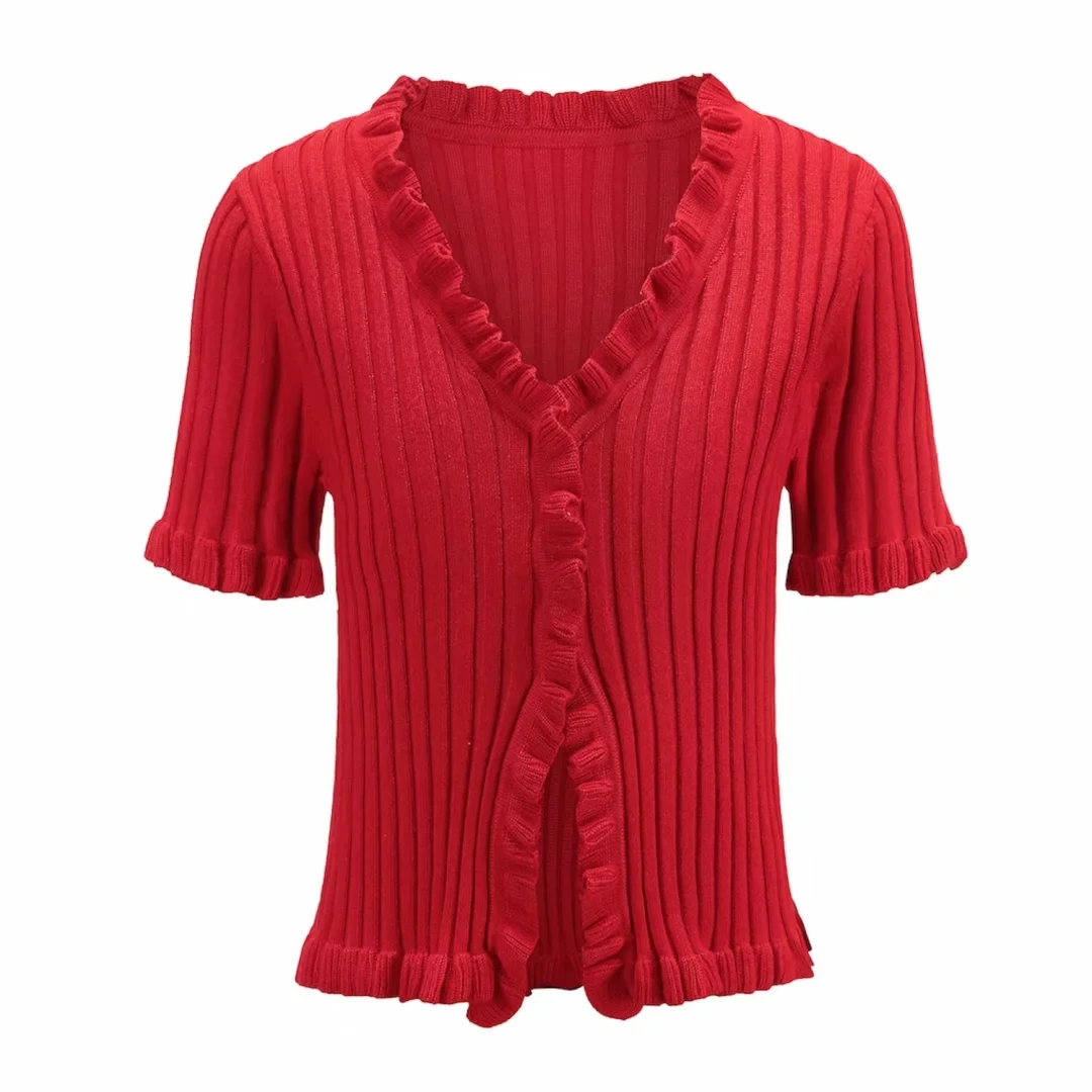 Sexy green black knitted cardigan women crop sweater v neck ruffle cropped casual Winter korean |