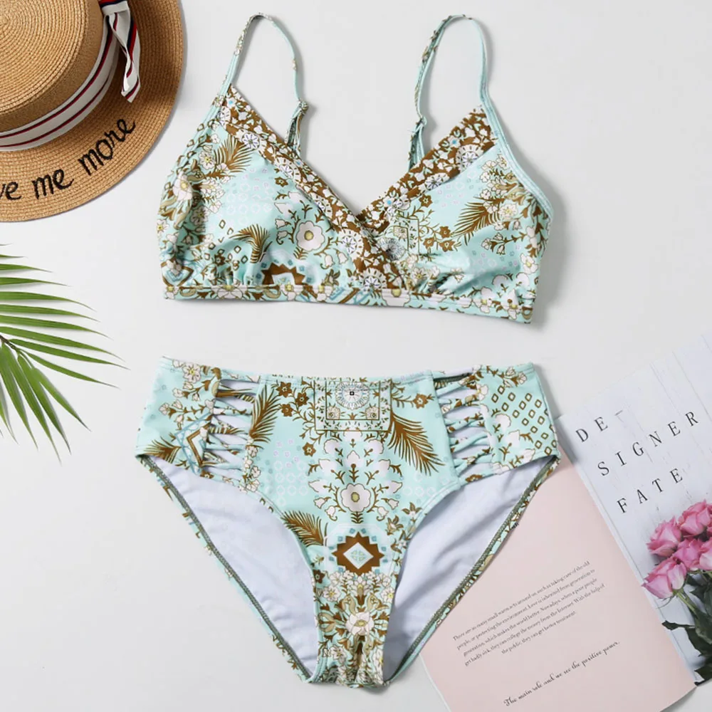 Женский купальник с тропическим цветочным принтом комплект бикини глубоким