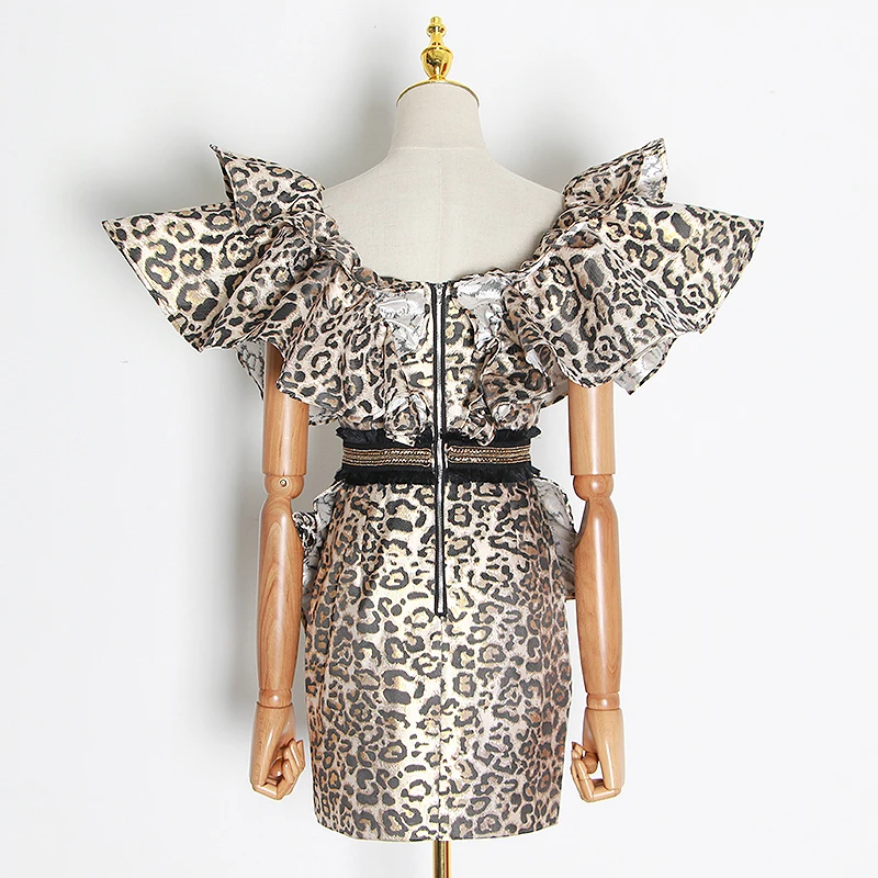 

VGH Sexy Leopard Dress For Women V Neck Sleeveless Patchwork Ruffle High Waist Mini Dresses Female Fashion New Clothing 2020 New