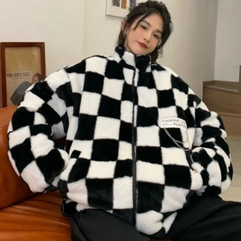 Новинка Зима 2022 женские шахматные пальто из искусственного меха с леопардовым