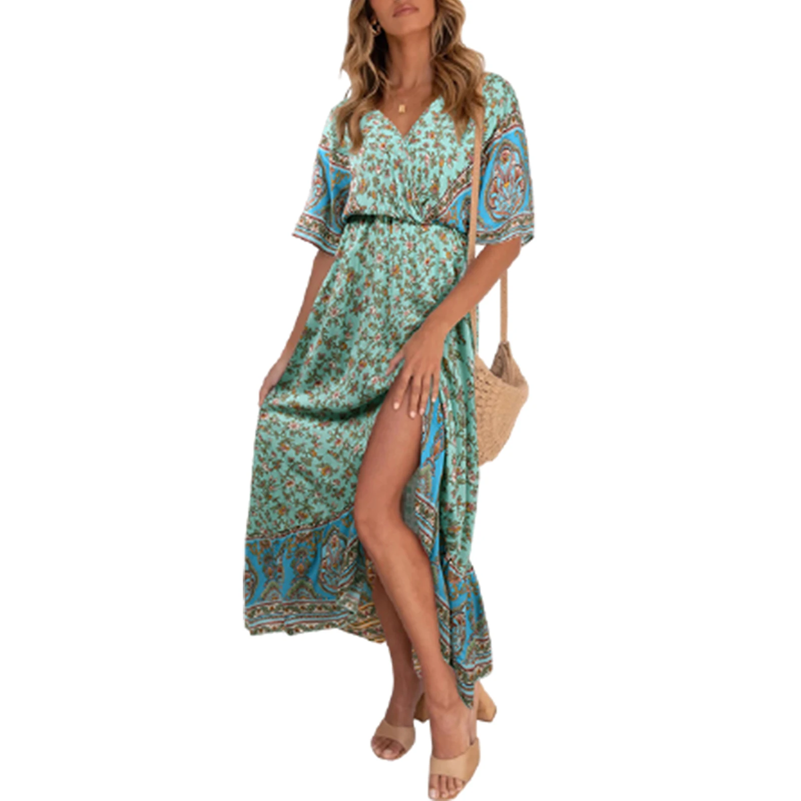 

Boho Sexy Women Floral Print V Neck Long Dress Short Sleeve Female Fashion Summer A Line Beach Party Ruffle Dresses 2021 New