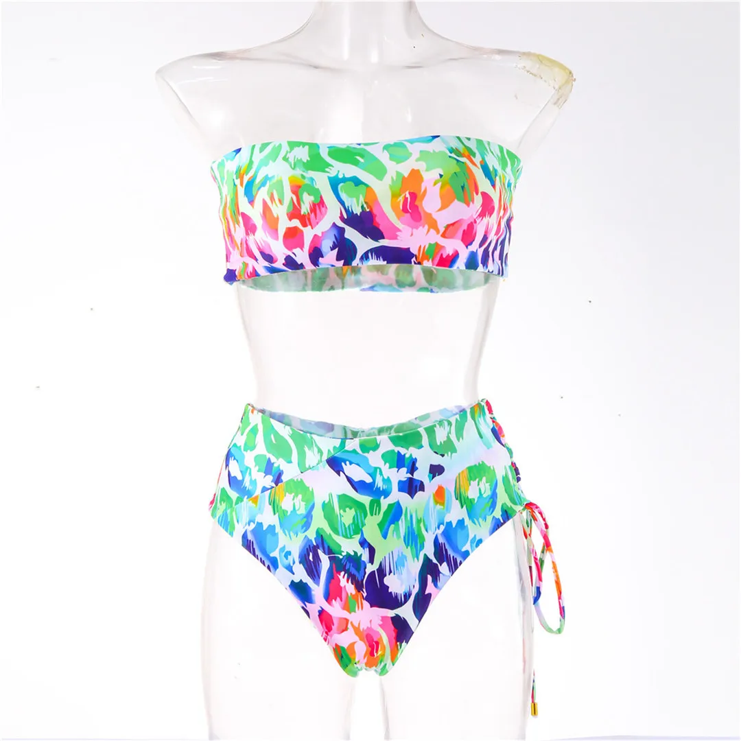 

AGOUTI Sexy Bandeau High Waist Bikini Leopard Female Swimsuit Women Swimwear Two-pieces Bikini set Lace Up Bather Bathing Suit