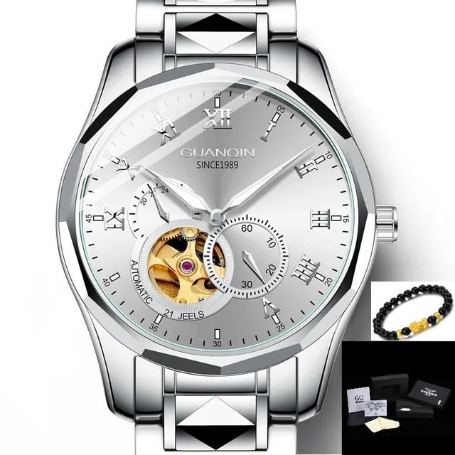 GUANQIN Japan MIYOTA Quartz Movement Automatic Mechanical Watch Men Luxury Tungsten Steel Push Button Hidden Clasp Male Clock - Цвет: Silver White