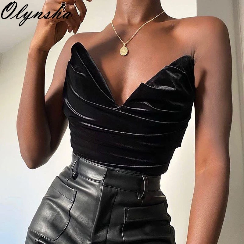 

Сексуальные топы без бретелек, женские осенние бархатные майки 2020, уличная одежда, плиссированные Короткие топы, черные