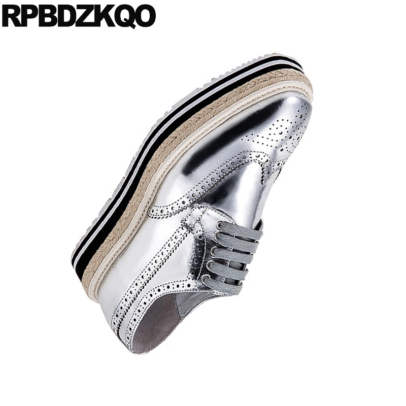 Серебряные криперсы броги на платформе с квадратным носком Espadrilles синие из