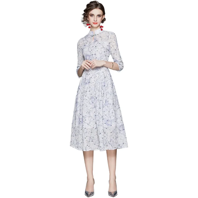 

Simgent Chiffon Dress Women Stand Collar Buckle Three Quarter Sleeve A Line Elegant Midi Embroidery Dress Vestidos Jurk SG07271