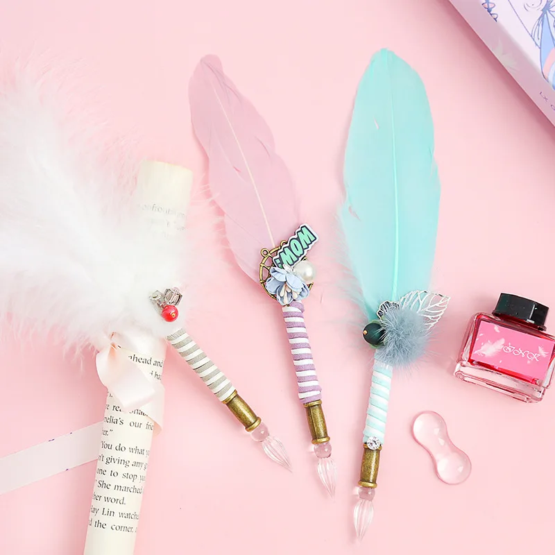 Розовая Красивая перьевая ручка красочное перо стеклянная для письма