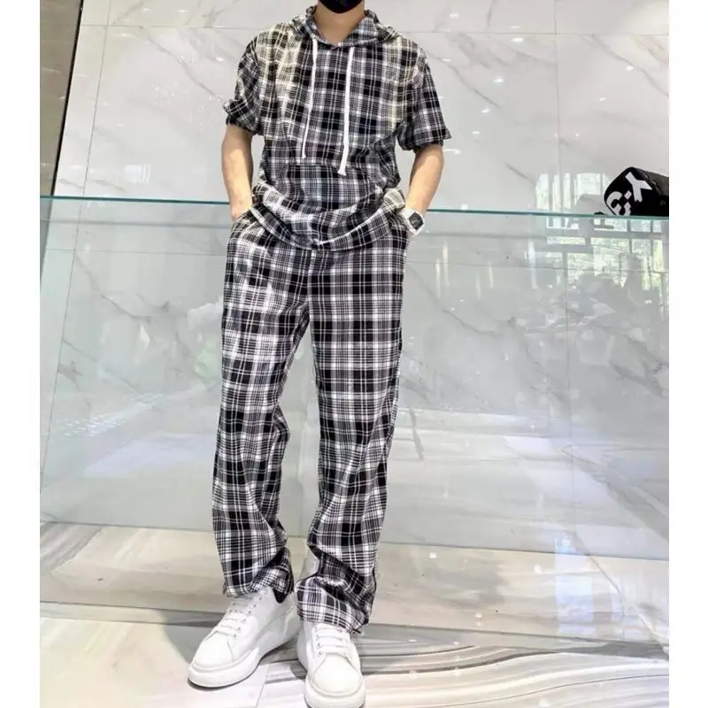 Fonekie Fashion Plaid T Shirt Casual Suits Summer New Trend Men Korean Loose Thin Material Breathable Hoodies Pants 2 Piece Sets