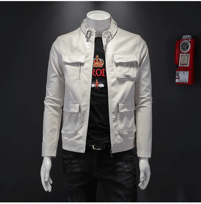Мужская кожаная куртка винтажная повседневная из искусственной кожи с карманами