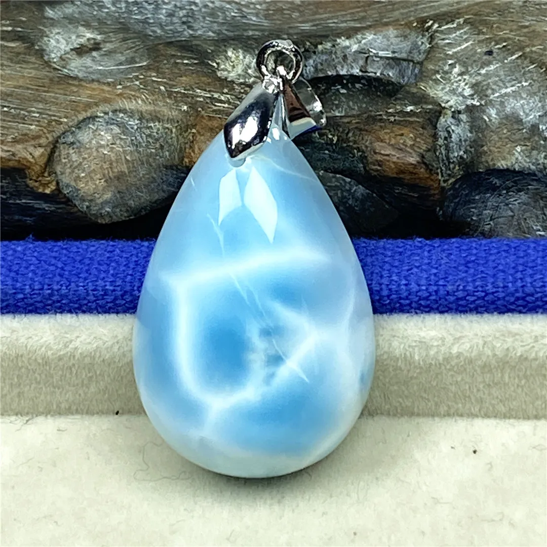 

Top Natural Blue Larimar Crystal Pendant Woman Man Healig Love Luck Gift Beads Silver Dominica Water Pattern Stone Jewelry AAAAA